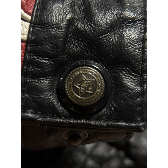 USA Flag Leather Bomber Jacket Men’s Medium USA Down The Sleeves Vintage Biker - Picture 5 of 16